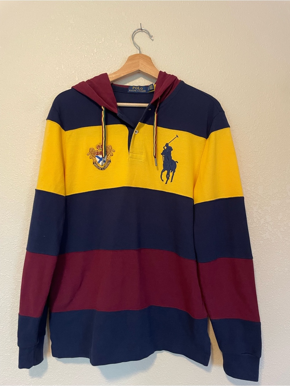 Ralph Lauren Striped Rugby Hoodie in Navy, Yellow & Burgundy